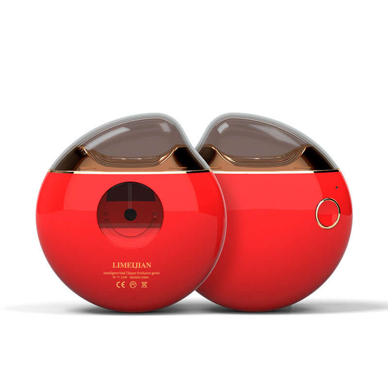 Electric nail clippers in sleek red design, featuring a motorized blade for precise nail trimming.