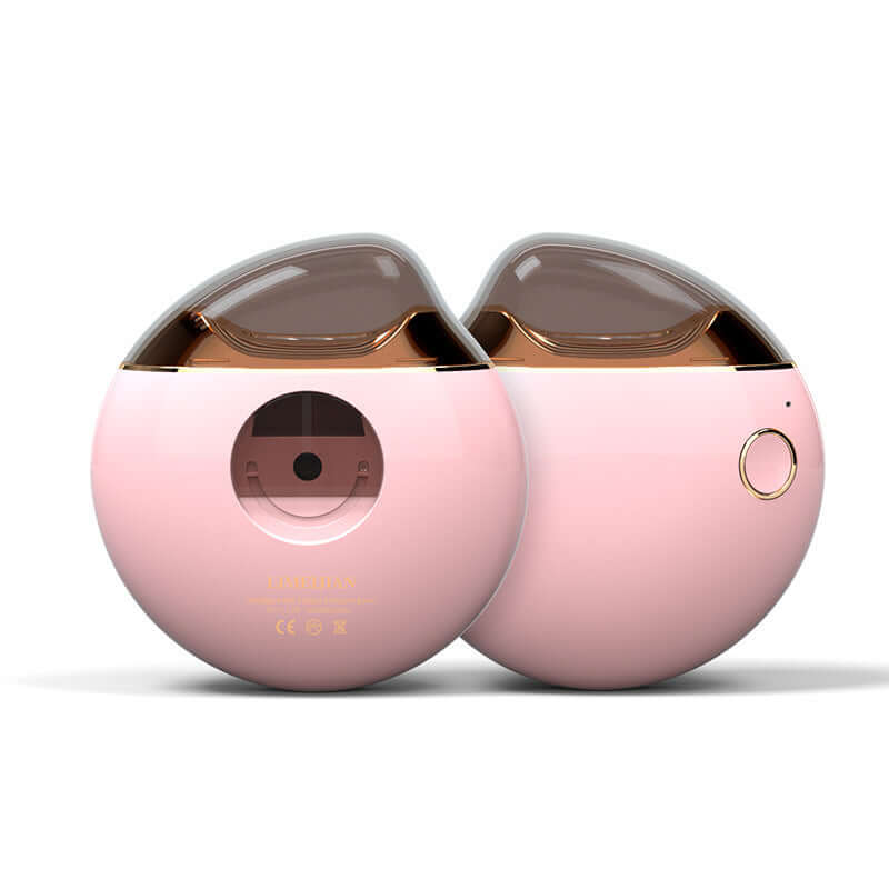 Two round pink electric nail clippers with a sleek design and a transparent lid.
